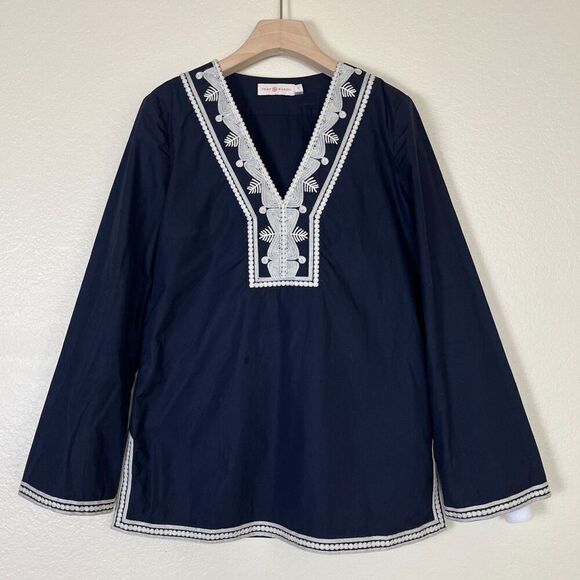 Tory Burch Tops - Tory Burch Women's Size 2 Blue Embroidered Cotton Tunic Top Cover Up Boho Resort